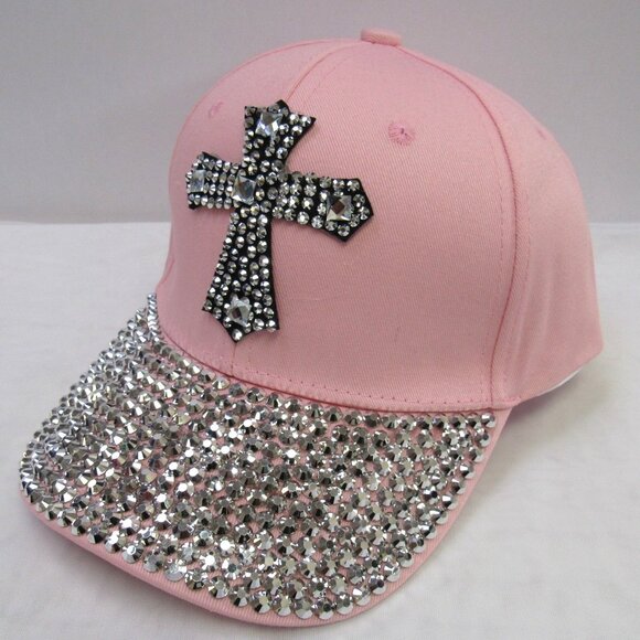 Women's Pink Bling Sparkle Rhinestone Baseball Hat Cap With Cross Design New - Picture 3 of 6